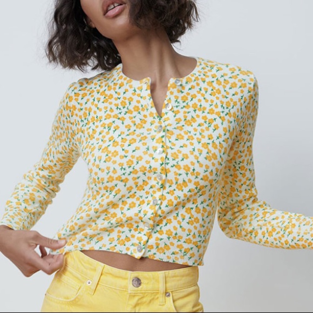 Zara yellow jacquard knit floral cardigan top
